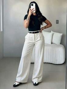 Pantalones anchos de cintura alta y ajuste ceñido en color café, estilo callejero bohemio, adecuados para uso casual, ir al trabajo y vacaciones en primavera/verano - Blanco 2 - Ver 4