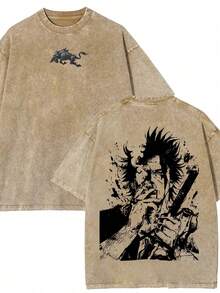 2026 Men's Washed Streetwear Brand Has Launched An Oversized T-Shirt Featuring Invincible Comic Character Designs And Text. This Casual Outfit Is An I - 咖色 - 查看 1