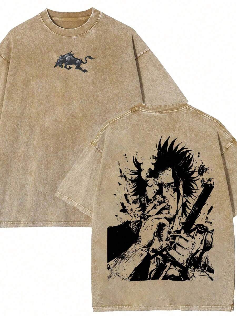 2026 Men's Washed Streetwear Brand Has Launched An Oversized T-Shirt Featuring Invincible Comic Character Designs And Text. This Casual Outfit Is An I - 咖色 - 查看 1