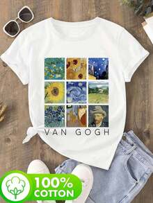 Short-Sleeve Graphic Tees With "VAN GOGH" Letter Print, 100%  Women's T-Shirt, Spring/Summer, Stylish One-Piece For Parties, Free Daily Gift Today, My Recently Purchased Items... Orders Not Yet Shipped, Qqq, Women's Clothing Promotion, 9134100% Cotton100% Cotton - 白色 - 查看 4