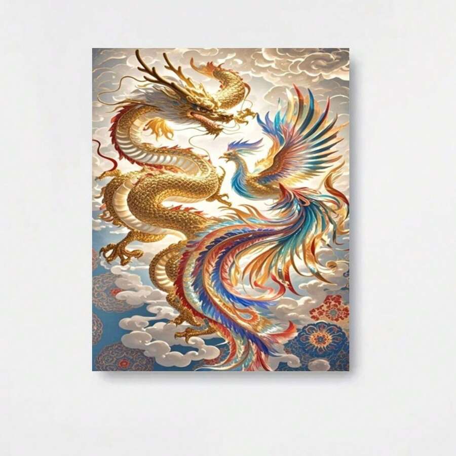 1 Kit de Pintura de Diamantes Dragón y Fénix con Diamantes Redondos - Arte Completo de Criaturas Míticas, Regalo DIY de Cultura China, Decoración para Colgar en la Pared - Enmarcado - Ver 1
