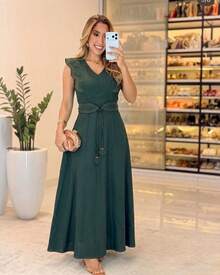 Sensorial Marrante Long Midi Dress, Sleeveless Evangelical Chemise Dress, Solid Marsala Color, For Women, Autumn, Navy Blue - 墨綠色 - 查看 2