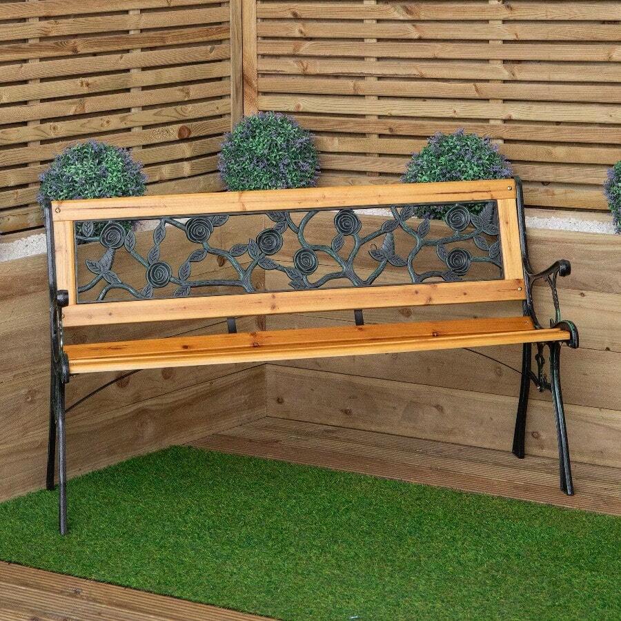 2 Seater Outdoor Wooden & Cast Iron Garden Bench With Rose Design - SA-bENCH5 - View 1