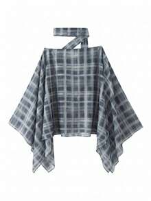 Women's Fashion Round Neck Batwing Plaid Scarf Poncho, Elegant Ladies Clothing Spring - Navy Blue - View 8