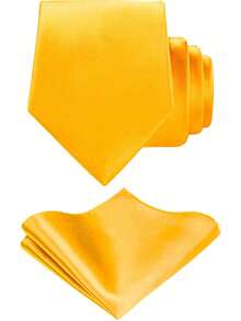 1set Men's Solid Color 8cm Tie Pocket Square Set Satin Tie Handkerchief Set Business Tie Pocket Square - Yellow - View 2