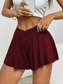 Women's Plus Size Solid Color Knit Shorts, Asymmetrical Design, Short Length, Comfortable Fit, Black, Summer Sports - Army Green - View 3