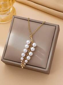 1 chiếc dây chuyền mặt ngọc trai giả thời trang, tinh tế, đa năng, thiết kế độc đáo, phù hợp cho phụ nữ đeo hàng ngày. - Vàng - Xem 2