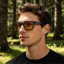 1pc Men's Retro Casual Square Small Frame High-Quality PC Material Personalized Fashion Glasses, Suitable For Travel, Leisure, Gathering, Beach, Daily Decoration - Gray Frame Yellow Film - View 5