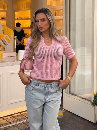 FORYEE Women's Vintage Pink Hollow Out Polo Shirt, Soft Short Sleeve Fitted Knit Top, Suitable For Daily Commute, Casual Vacation And Summer Outfit