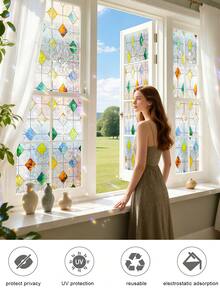 1roll Colorful Gem Lattice Pattern Decorative Window Privacy Film Rainbow Stained Glass Window Film Classroom Decor Renter Friendly Decor Window Privacy Film Rainbow Film Decorative Window Sticker, 3D Static Stained Glass Cling Tint For Home Heat Control Non-Adhesive - Multicolor - View 12