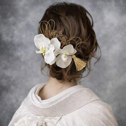 Adorno para el cabello de orquídea para la ceremonia de mayoría de edad, peinado bob, adorno para el cabello de yukata, accesorio para el cabello de furisode, ropa tradicional japonesa, boda, hakama, kimono, pinza para el cabello, blanco, accesorio para el cabello con flor de nomeolvides, accesorio para el cabello con hoja de oro, mizuhiki, furisode, juego completo