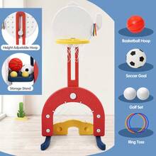 Conjunto multifuncional 7 en 1 de tobogán y columpio para niños pequeños – Parque infantil independiente con columpio ajustable, aro de baloncesto, trepador, lanzamiento de aros, fútbol y golf – Juego para interior y exterior para niños de 1 a 8 años, diseño de cactus. - Azul - Ver 3