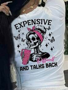 Camiseta de Mujer con Estampado de Calaveras - Una Camiseta Vanguardista de Cuello Redondo con Estampado de Mariposas y Estrellas, con el Eslógan "Expensive Talks Back", una Camiseta Casual de Manga Corta Transpirable para Primavera y Verano, una Camiseta Gráfica Elegante con un Ajuste Cómodo. - Blanco - Ver 2