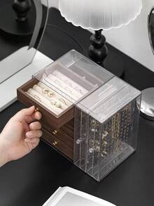 Large Capacity 3/5 Tier Wooden Jewelry Box, Transparent Acrylic Dust-Proof Jewelry Storage Box With Drawers, Multi-Functional Ring Earring Necklace Bracelet Organizer, Elegant Vanity Display Case, Ideal Gift For Women - Walnut Acrylic Jewelry Box - View 10