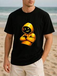 Men's T-Shirt With Yellow Cap And  Face, Summer Urban Fashion T-Shirt, Casual Short Sleeve T-Shirt, Round Neck Top, Comfortable And Breathable Casual Sports Top. - 黑色 - 查看 5