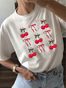 YOCASA Women's Casual Summer T-Shirt, Round Neck, Fitted, Short Sleeve, With Oil Painting Print, Floral, Heart, Cherry, And Letter Patterns. Simple Casual Fabric, Sporty Style, Ideal For Everyday Wear And Valentine's Day Dates. 1 Piece, 180g Pure Heavy, 95% Polyester 5% Spandex. - 白色 - 查看 7