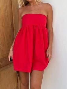 Women Tube Dress Solid Color A-Line Dress Strapless Dress Summer Backless Mini Dress - 紅色 - 查看 1