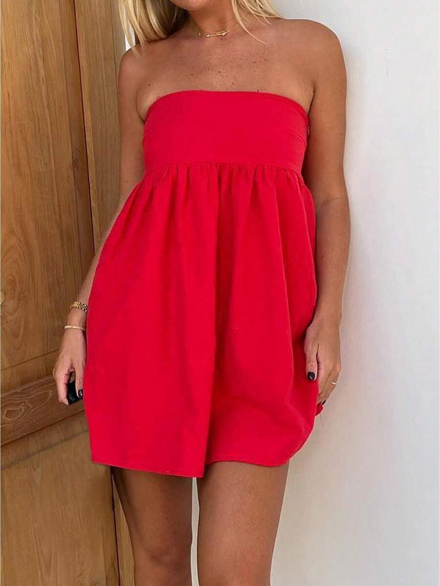 Women Tube Dress Solid Color A-Line Dress Strapless Dress Summer Backless Mini Dress - 紅色 - 查看 1