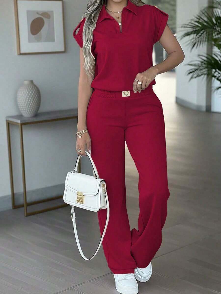 Conjunto informal de 2 piezas para mujer, blusa de manga corta de unicolor combinada con pantalones estampados con gráfico de corazón, adecuado para uso casual en primavera/otoño y verano - Vino tinto 37 - Ver 1
