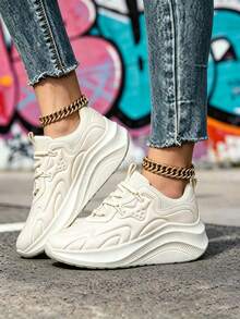 Beige Knit Sneakers For Women, Platform Shoes With Decorative Laces - Beige - View 4