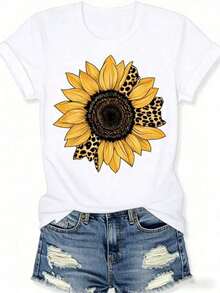 Women's 100% Cotton T-Shirts 20262026 Summer T-Shirt With Sunflower And Leopard Print, Short Sleeve, Round Neck, Breathable, Casual, Classic Design, Suitable For Home/Outdoor/Travel, Black T-Shirt With Sunflower And Leopard Print, Hen Party - White - View 5