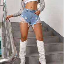 Y2K Style Distressed Denim Shorts For Women Casual - Light Wash - View 5