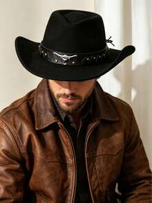 1 Stück universeller Cowboyhut aus Polyesterfaser für Herren und Damen - sein Merkmal ist ein abnehmbares Rindslederband als Dekoration, der sich sehr gut für Reiten, Outdoor-Reisen, Cowboy-Partys und den täglichen Gebrauch eignet. - Herzförmiger schwarzer Lederhut mit Stierkopf - Übersicht 2