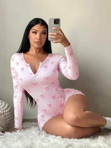 Pantalones cortos de punto elásticos cómodos con estampado de lunares rosas y lazo, estilo sexy y casual para mujer, ropa de casa - Rosa - Ver 4