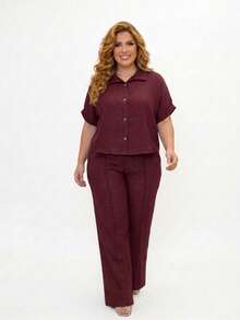 Women's Plus Size Casual Shirt And Pants Set - 酒紅色 - 查看 9