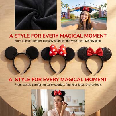 Disney 2个迪士尼米奇老鼠耳朵发箍，经典波点蝴蝶结亮片耳朵，主题公园假日派对服装配饰，适合日常佩戴和度假，是送给朋友的绝佳礼物