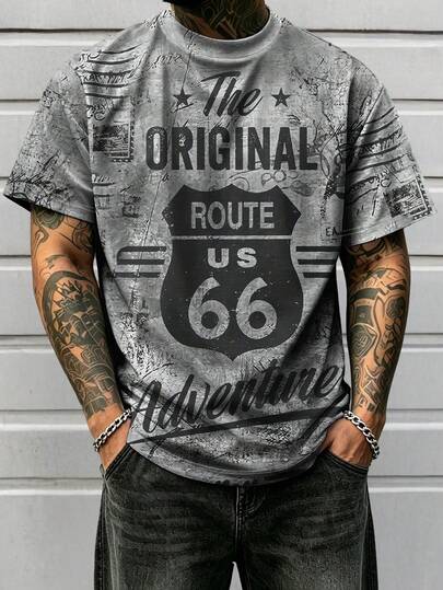 Men's Route Sixty-Six Vintage Graphic T-Shirt, Retro Adventure Print, Stretchy Cotton-Look Casual Short Sleeve Tee For Streetwear & Daily Wear