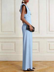 Bộ jumpsuit vải dệt màu trơn, thanh lịch, tối giản, cài cúc phía trước, khóa kéo và có túi, thích hợp mặc công sở mùa xuân/hè. - màu xanh nhạt - Xem 2