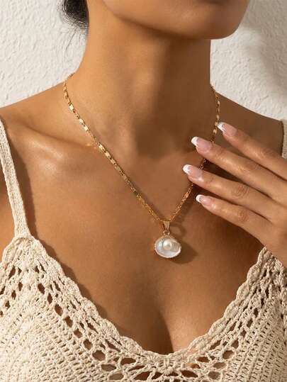 Dây chuyền mặt dây hình vỏ sò đính ngọc trai phong cách Boho, có thể điều chỉnh kích thước, trang sức mùa hè đi biển, quà tặng