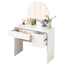 Dressing Table With Mirror – Modern Vanity Table With Drawers And Open Shelves, White, - H135/W90/D40cm - White - View 3