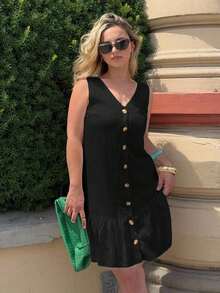 Vestido Casual de Nivelas con Cuello en V, Botones Dorados y Diseño Holgado, Perfecto para Look de Verano y Eventos Sociales - Negro - Ver 5