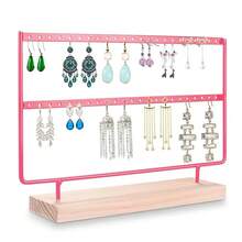 Soporte de exhibición de pendientes de 2 niveles y orificios, organizador de almacenamiento de joyas de metal de 2 capas con base de madera en de árbol, estante para pendientes, regalo para mujeres. - Rosa, 46 agujeros - Ver 13
