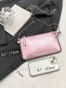 Metallic Pink Envelope Crossbody Bag, Silver Studded & Detachable Chain Strap, Zipper PU Leather Clutch Purse, Y2K Punk Style For Daily & Night Out - Pink - View 5