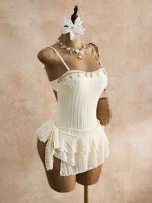 Bellisia Women's Solid Color Lace Backless One-Piece Swimsuit Cover-Up & Skirt Set For Beach Vacation White Corset Dress Bustier Dress Babydoll Tops Woman White Corset Tops Vintage Bathing Suit Corset White Dress Cream Outfit Women White Corset Tops For Women Corset Outfit Summer Dress Corset Corset Set With Skirt Wedding Guest Dress Corset - Apricot - View 3