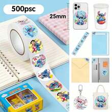 Disney 500张/卷 史迪奇贴纸，可爱卡通史迪奇贴纸卷 - 装饰卡通胶带，卡通主题设计，柔和色调，可爱防水贴纸，可用于DIY装饰笔记本、手机、行李箱、冰箱、自行车，制作可爱礼物，也适用于手工制作、礼品包装、手机和马克杯装饰、生日主题和DIY项目 - 均碼 - 查看 2