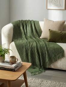Solid Color Diamond Knitted Throw Blanket With Fringe, Soft Warm Boho Blanket For Couch, Bed, Sofa & Home Decor - P-green - View 9