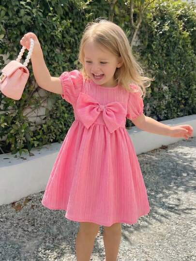 Girls' Casual Minimalist Daily Wear Round Neck Petal Sleeve Short A-Line Solid Color Jacquard Fabric Big Bow Design Pink Dress