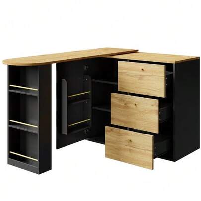 Ausziehbarer Bartisch Mit Stauraum(138-204*39*104cm) , 360° Drehbare Essbar, Modern Beweglicher Bar Table, Hochtisch Kücheninsel Bistro Table, Sideboard Mit Holzmaserung