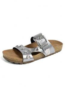 Retro Punk Style Rivet Sandals, Women's Double Strap Metal Buckle Soft Wood Bottom Outdoor Slippers, Fashionable Suitable For Daily Wear - Silver - View 8
