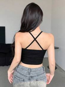 性感透视撞色网眼无钢圈女士文胸，交叉后背设计和植绒图案 - 黑色 - 查看 3