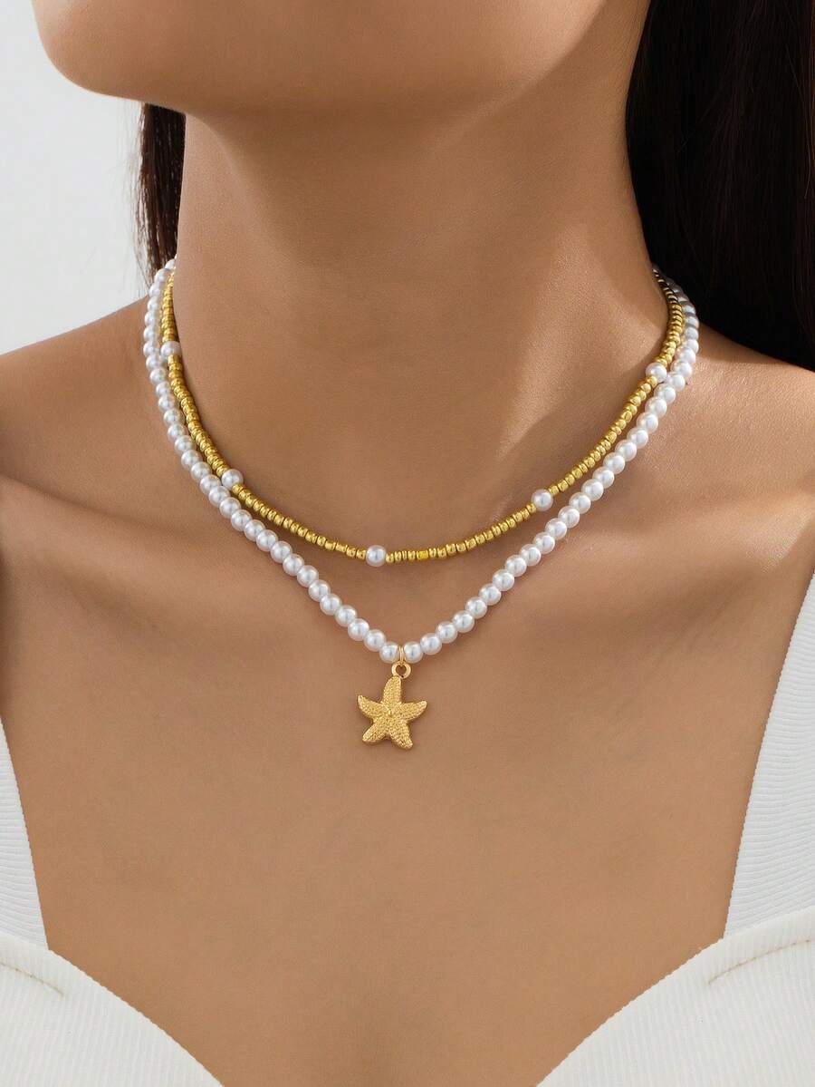 Bộ 2 dây chuyền hình sao biển đính ngọc trai giả thời trang và thanh lịch dành cho nữ. - Vàng - Xem 1