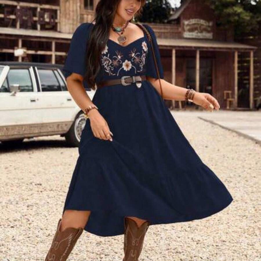 Plus Size Women's Spring/Summer Western Country Solid Color Embroidered Drawstring Waist Ruffle Sleeve Layered Hem Short Casual Vacation Dress - Azul Marino - Ver 1
