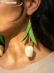 1 Đôi bông tai hình hoa tulip màu vàng tươi 3D, bông tai dài hình lá xanh thủ công, phụ kiện thời trang phong cách đồng quê tươi mát dành cho nữ mùa xuân/hè. - trắng - Xem 2