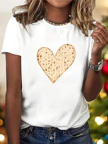 Women's T-Shirt With Heart Print - Soft And Stretchy Fabric, Casual Short-Sleeved Top, Gift, White With Gold Geometric Design, Machine Washable, Suitable For Everyday Wear Or  Celebration Attire. | Round Neck Top | Non-See-Through Material - 白色 - 查看 2