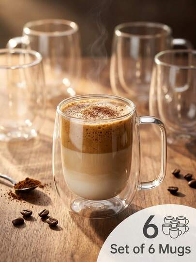 6pcs/Set Double-Wall Insulated Glass Coffee Cups, Minimalist & Lightweight, Transparent With Portable Handle, Suitable For Cappuccino, Latte, Tea, Hot & Cold Drinks, Coffee Cups, Transparent Glass Cups, Water Bottles, Coffee Accessories