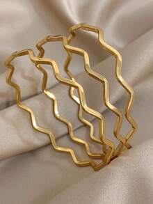 18K Gold Plated Geometric Wave Bangle Bracelet Set, Casual, Simple, Elegant Jewelry For Women Ladies, Summer Bohemia Beach Stainless Steel Jewelry, Vacation Season, Gifts For Mom, For Daily Party Dates Gala Wedding Valentine Anniversary Music Festival Christmas, Dates, Easter Day - Multicolor - View 2